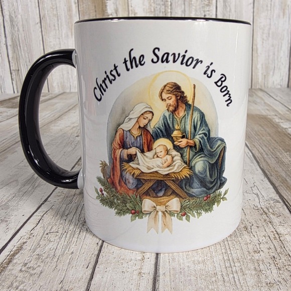 Unbranded Other - Christ the Savior is Born Nativity Scene Ceramic Coffee Mug White Black Interior